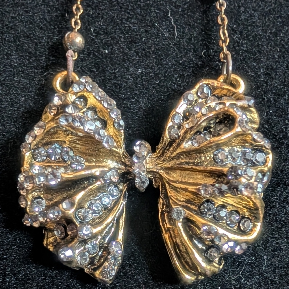 Vintage Long Bronze beaded chain with studded cz Butterfly